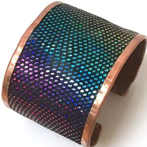 Genuine Leather Glittery Pure Copper Cuff Bracelet Handmade Psychedelic Rainbow